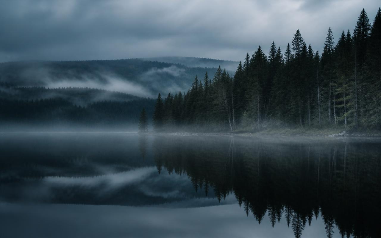 Dunkler, spiegelglatter Waldsee im Morgennebel, dahinter dichte Fichtenwälder und flache Hügel.