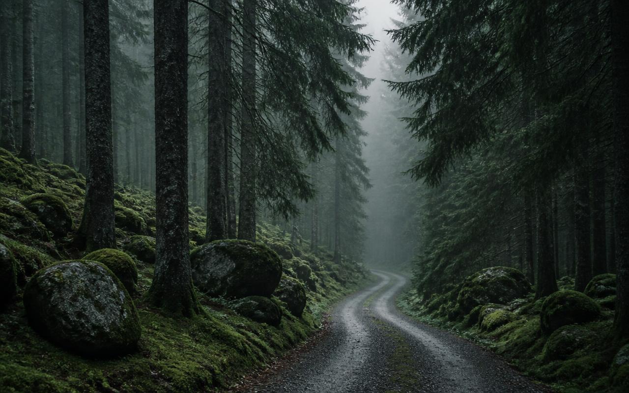 Schmaler Schotterweg, der sich in einen nebligen Fichtenwald mit moosbewachsenen Felsblöcken hineinwindet.